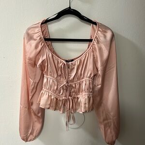 Forever 21 tie front puff sleeve blouse - baby pink - S